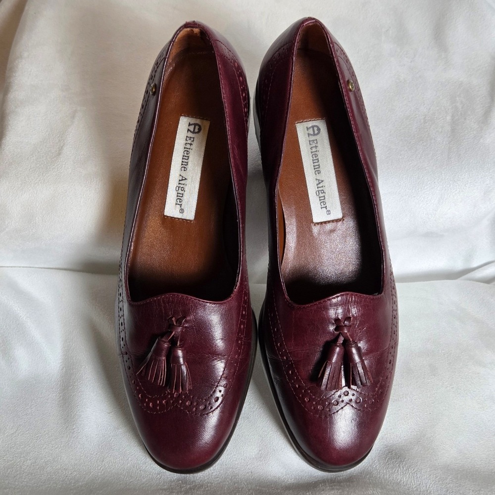 Etienne Aigner Canterbury Burgundy Leather Tassel Loafers Wingtip Brogue 7.5M - Picture 3 of 9